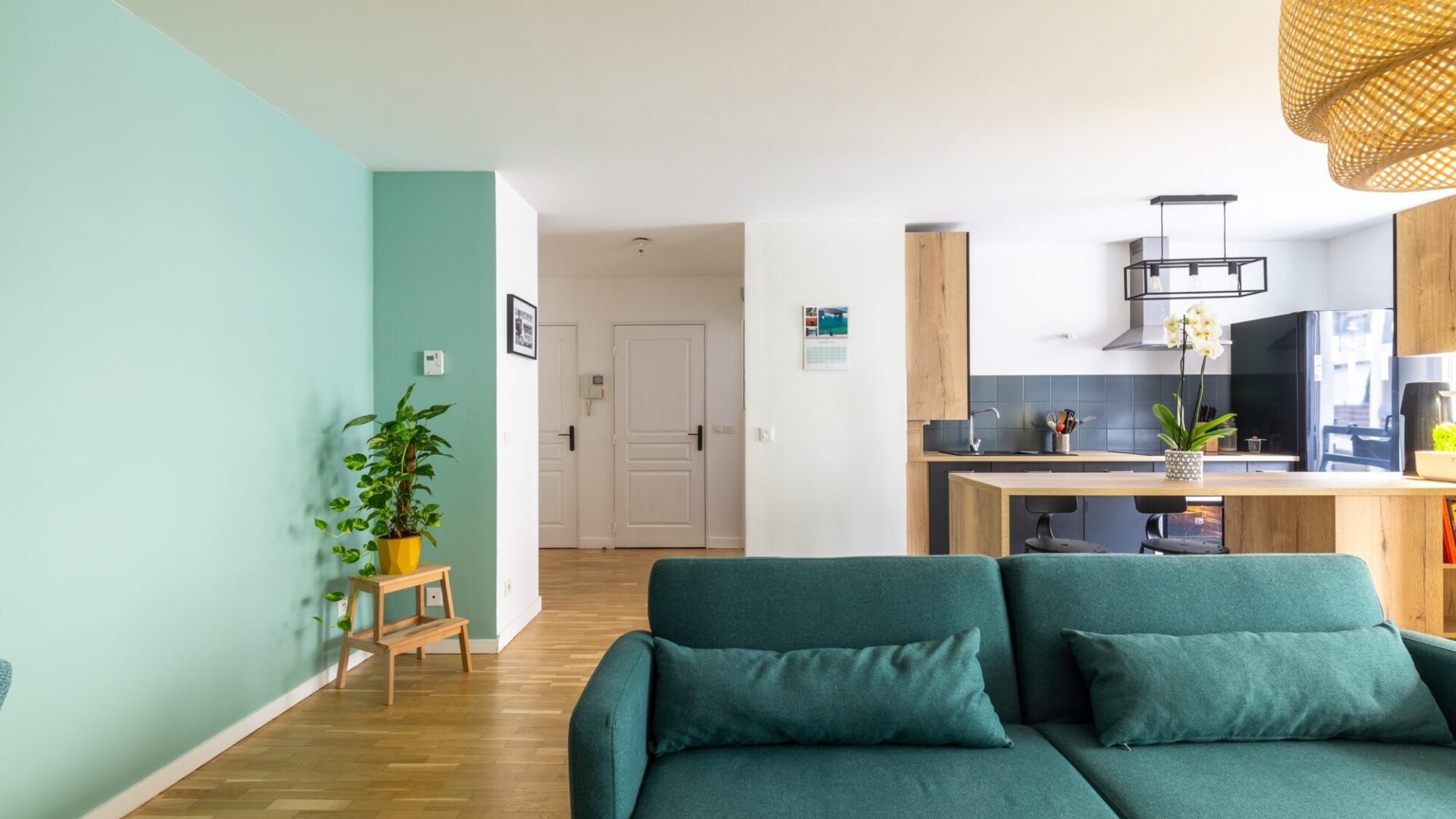 Salon, cuisine et hall de l’appartement T2 à Lyon 7, par Nestia